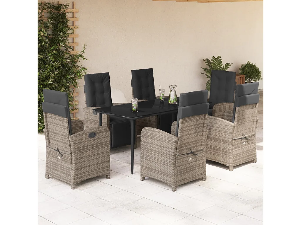 Set da Pranzo da Giardino 7 pz con Cuscini in Polyrattan Grigio