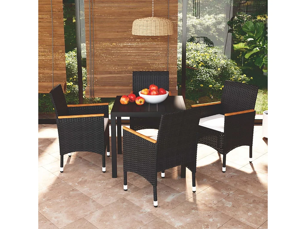 Ensemble à dîner de jardin avec coussins 5 pcs poly rotin noir