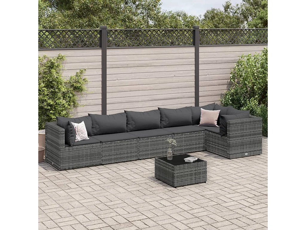 Salon de jardin 7 pcs avec coussins Gris Résine tressée