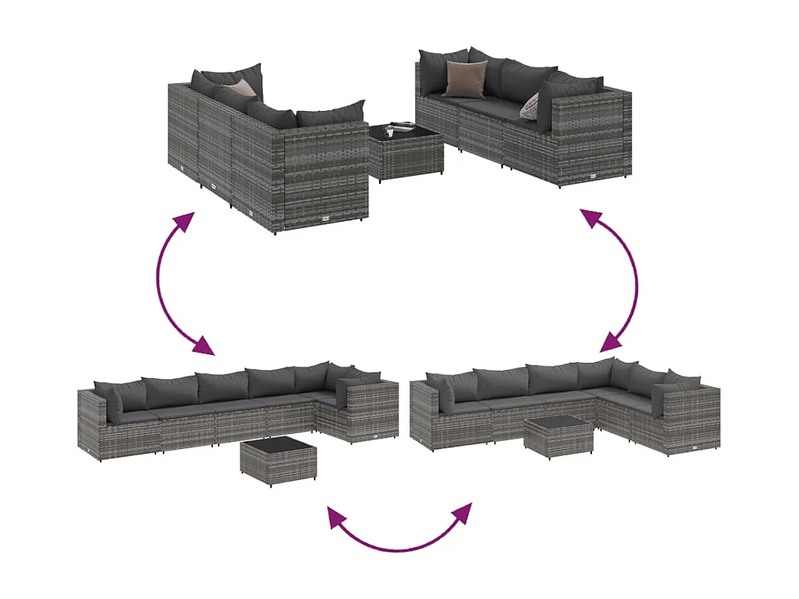 Salon de jardin 7 pcs avec coussins Gris Résine tressée