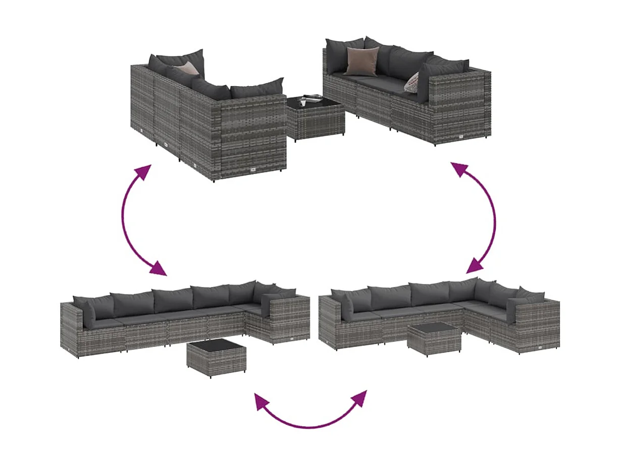 Salon de jardin 7 pcs avec coussins Gris Résine tressée