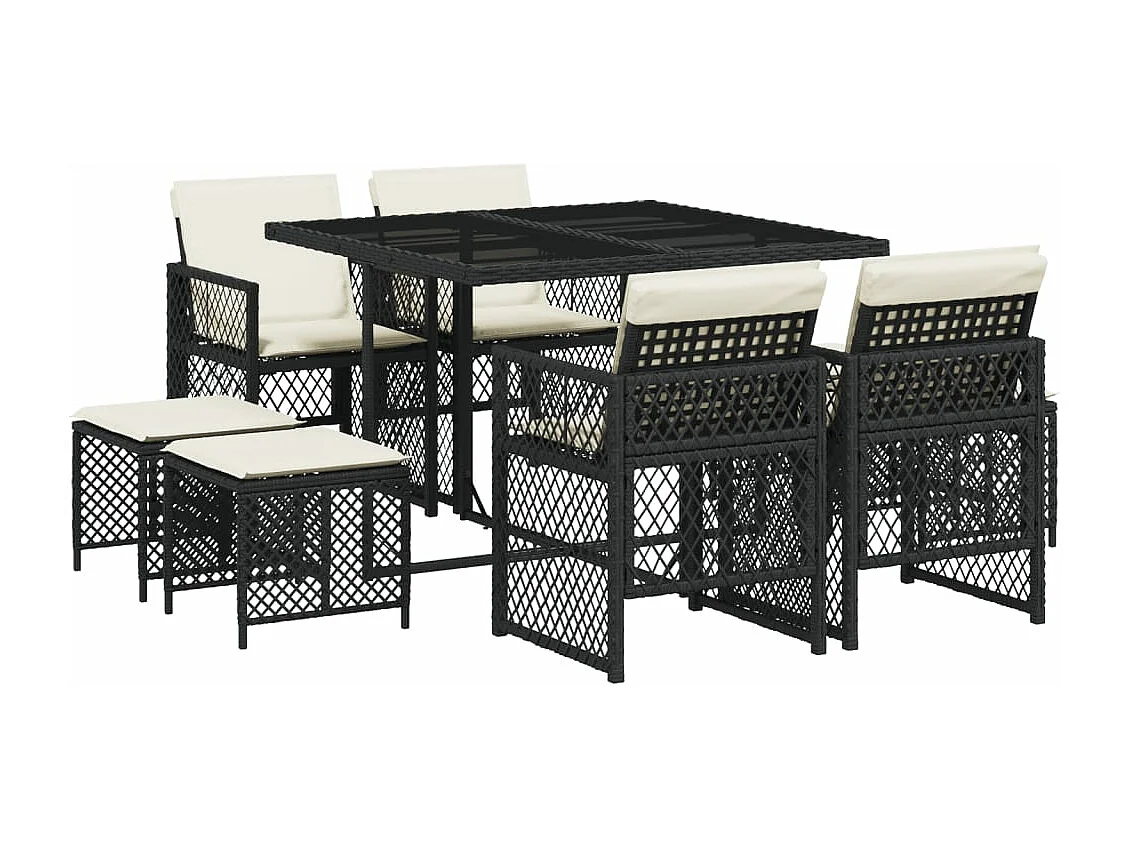 Set de comedor de jardín 9 pzas y cojines ratán sintético negro