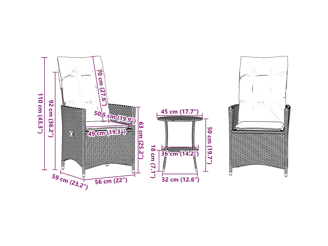 Ensemble de bistro 3 pcs avec coussins beige résine tressée