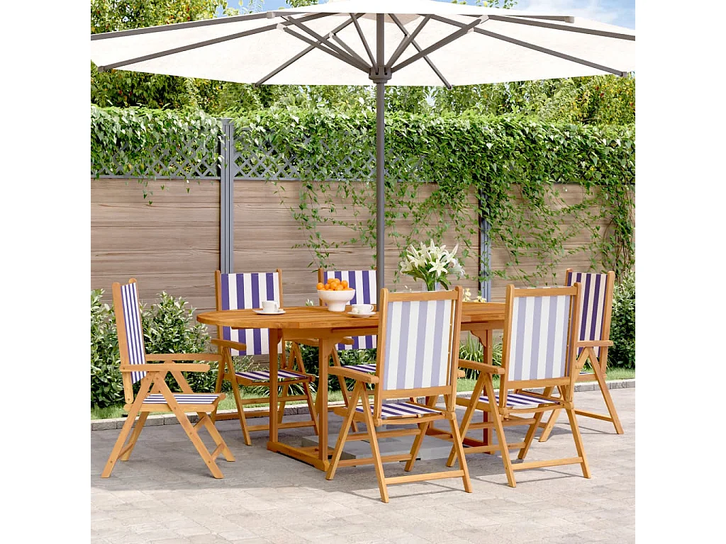 Ensemble à manger de jardin 7 pcs bleu blanc tissu bois massif