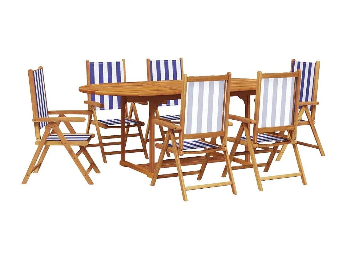 Ensemble à manger de jardin 7 pcs bleu blanc tissu bois massif