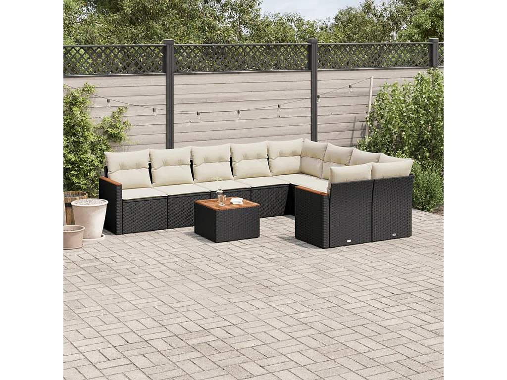 10-delige Loungeset met kussens poly rattan zwart