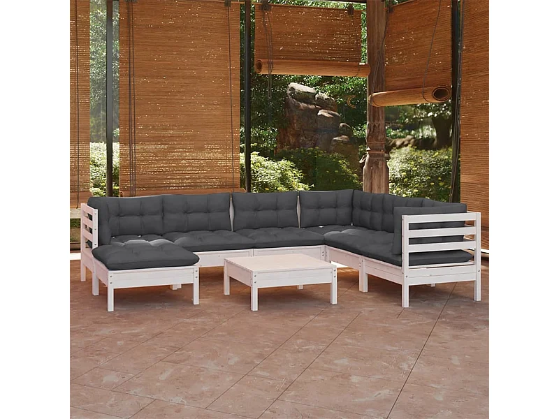Muebles de jardín 8 pzas y cojines blanco madera maciza de pino