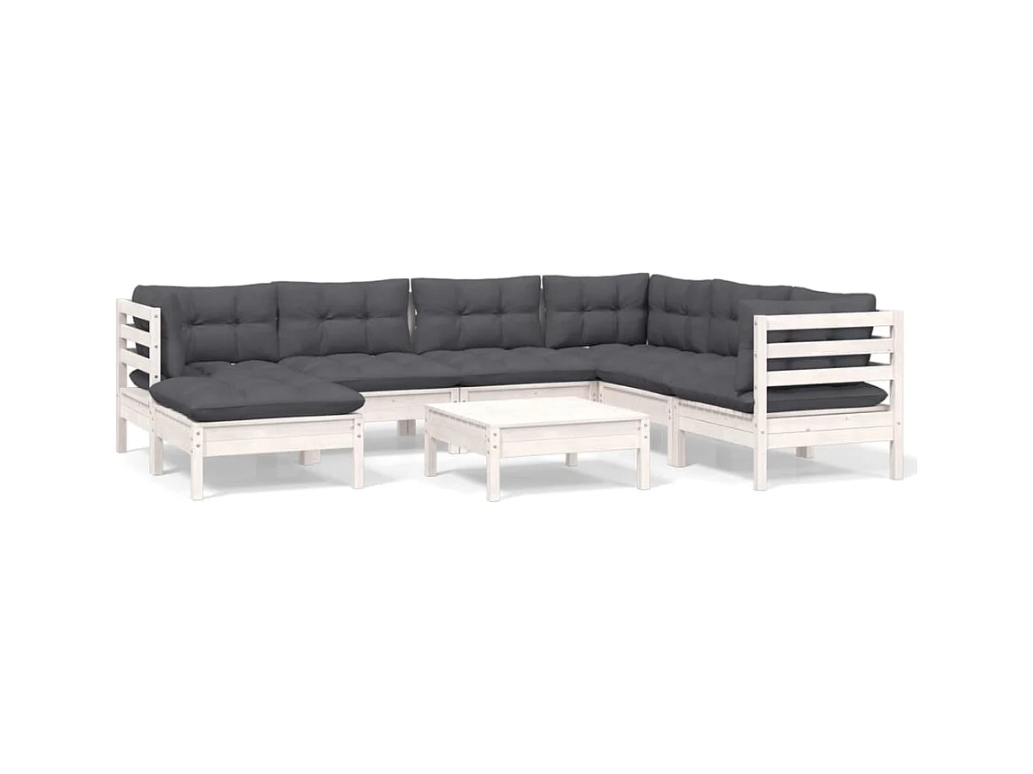 Salon de jardin 8 pcs avec coussins blanc bois de pin massif