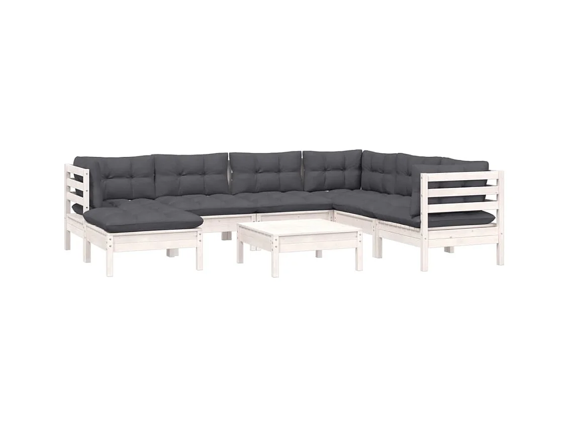 Salon de jardin 8 pcs avec coussins blanc bois de pin massif