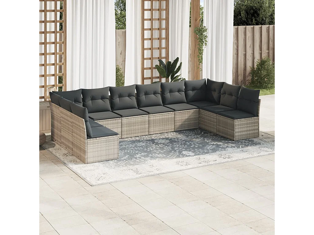 Set Divano Giardino 10 pz con Cuscini Grigio Chiaro Polyrattan