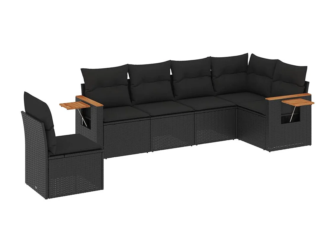 6-delige Loungeset met kussens poly rattan zwart