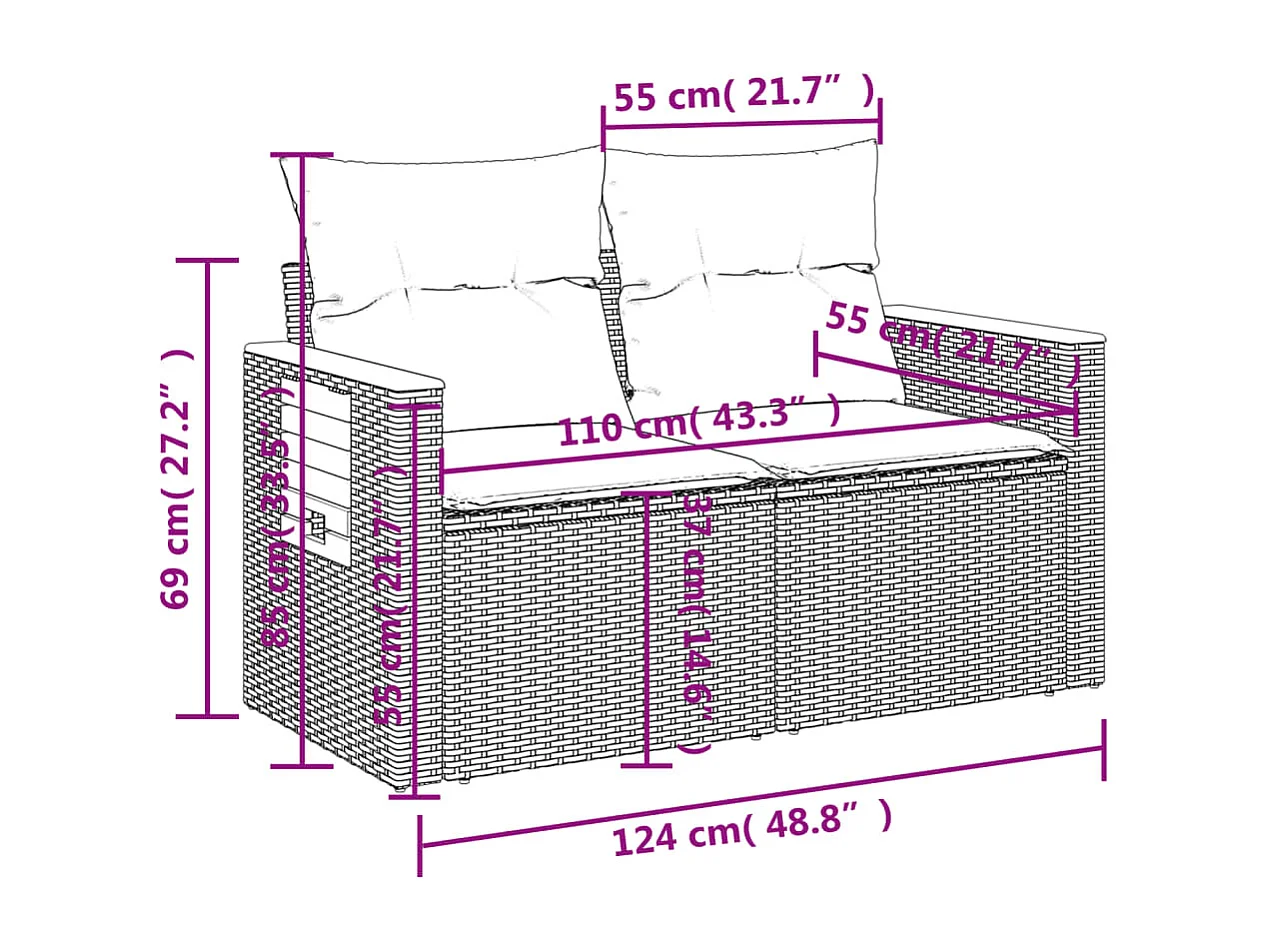 6-delige Loungeset met kussens poly rattan zwart