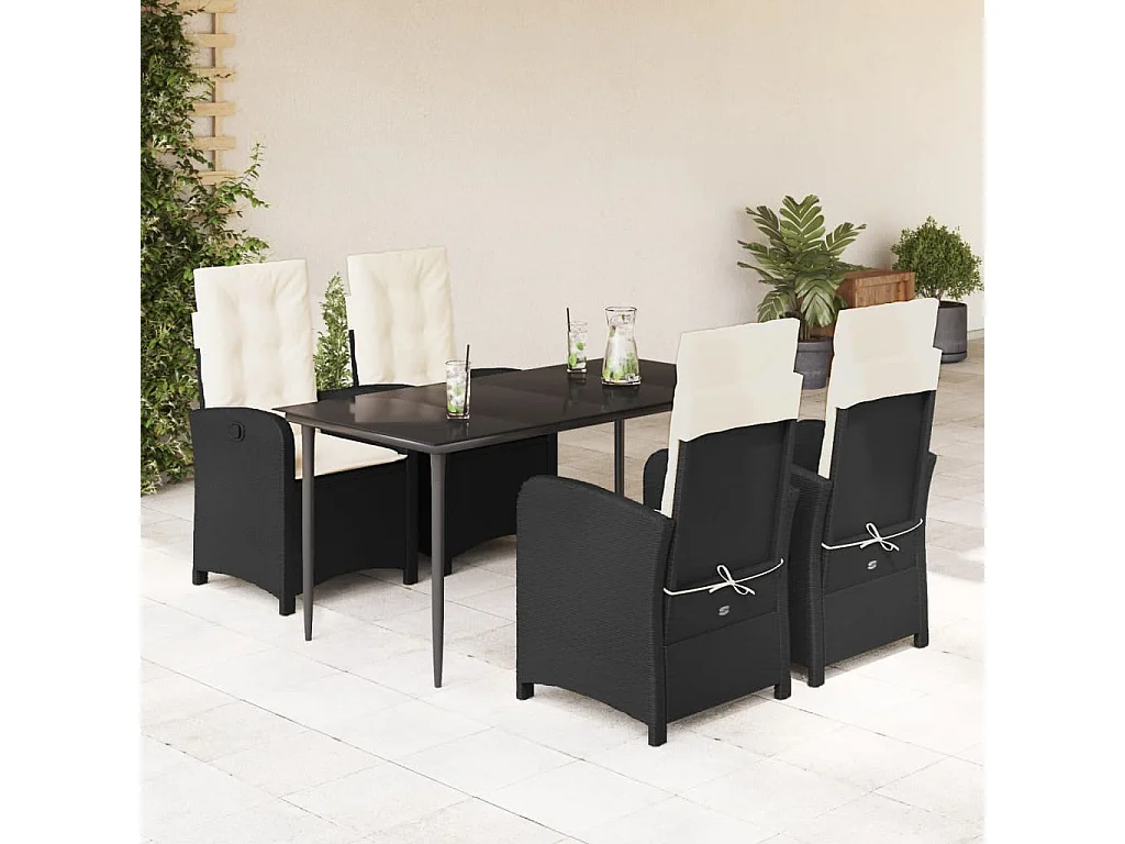 Set da Pranzo da Giardino 5 pz Nero con Cuscini in Polyrattan