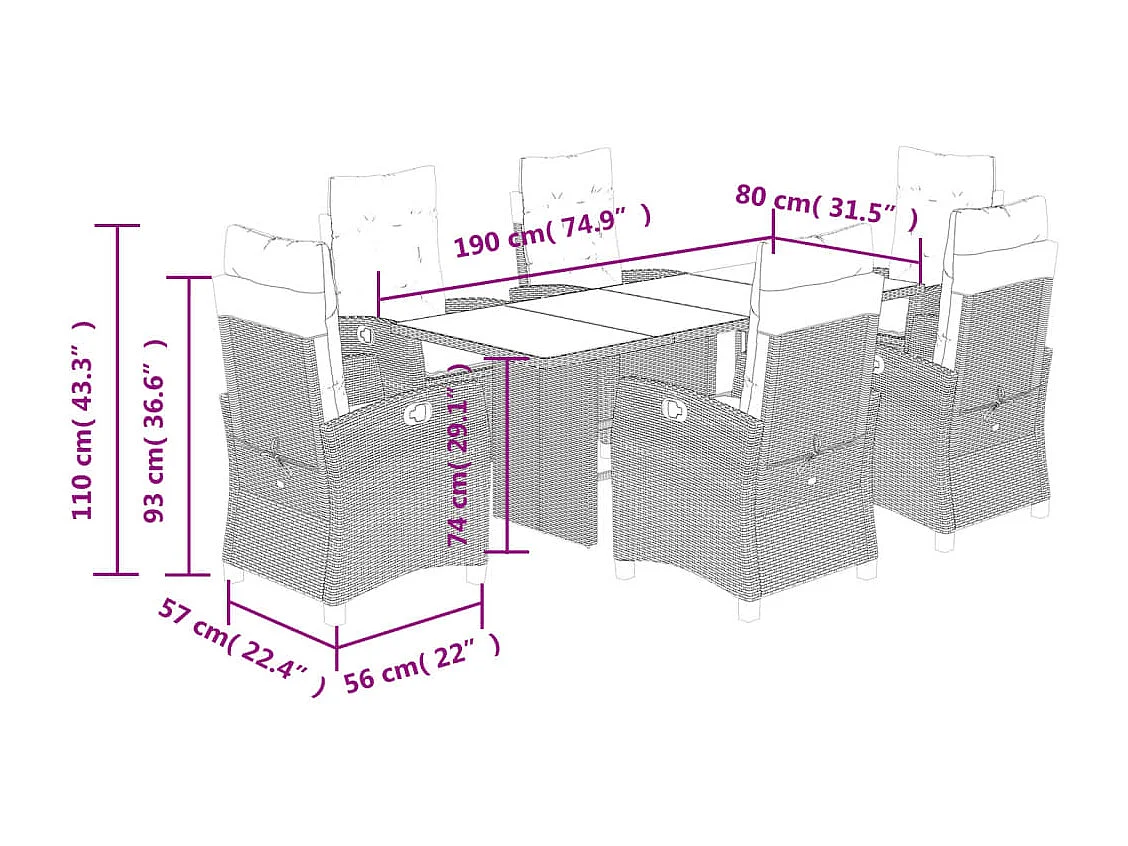 Set da Pranzo da Giardino 7 pz Nero con Cuscini in Polyrattan