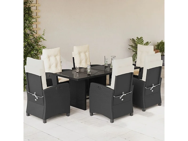 Set da Pranzo da Giardino 7 pz Nero con Cuscini in Polyrattan