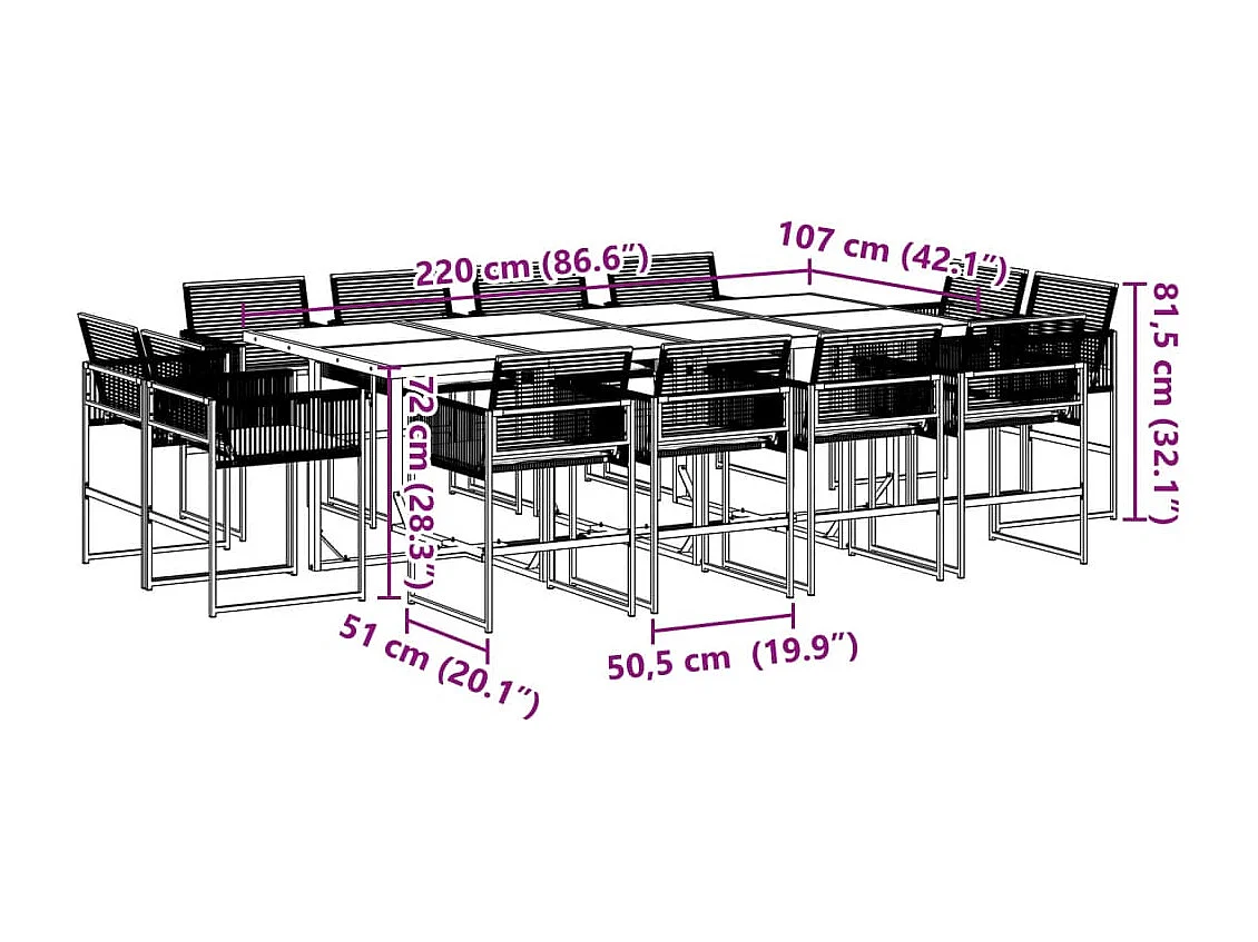 13-tlg. Garten-Essgruppe mit Kissen Schwarz Poly Rattan