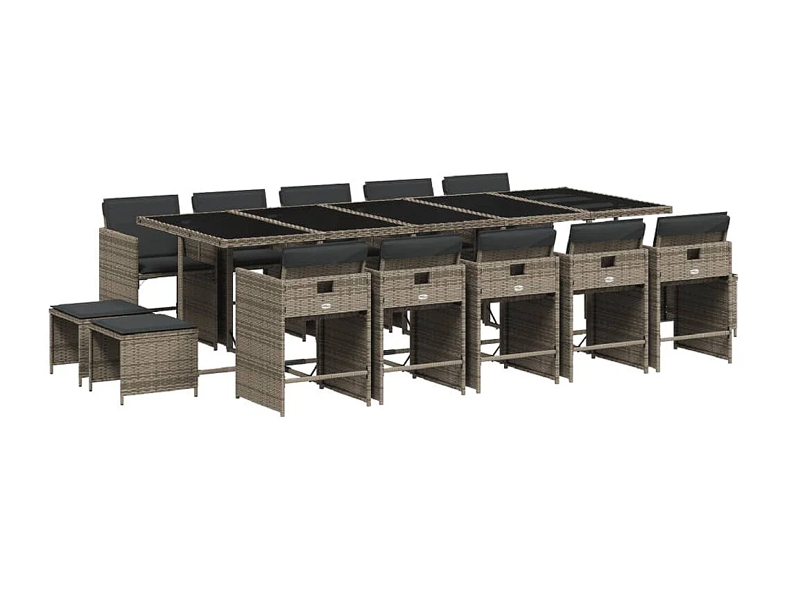 15 pcs conjunto jantar p/ jardim c/ almofadões vime PE cinzento