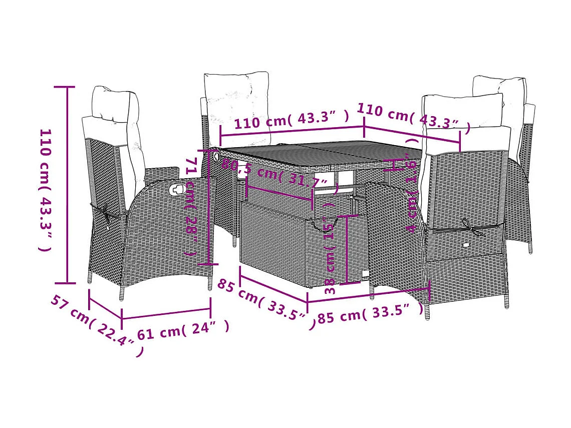 Set da Pranzo da Giardino 5 pz con Cuscini in Polyrattan Grigio