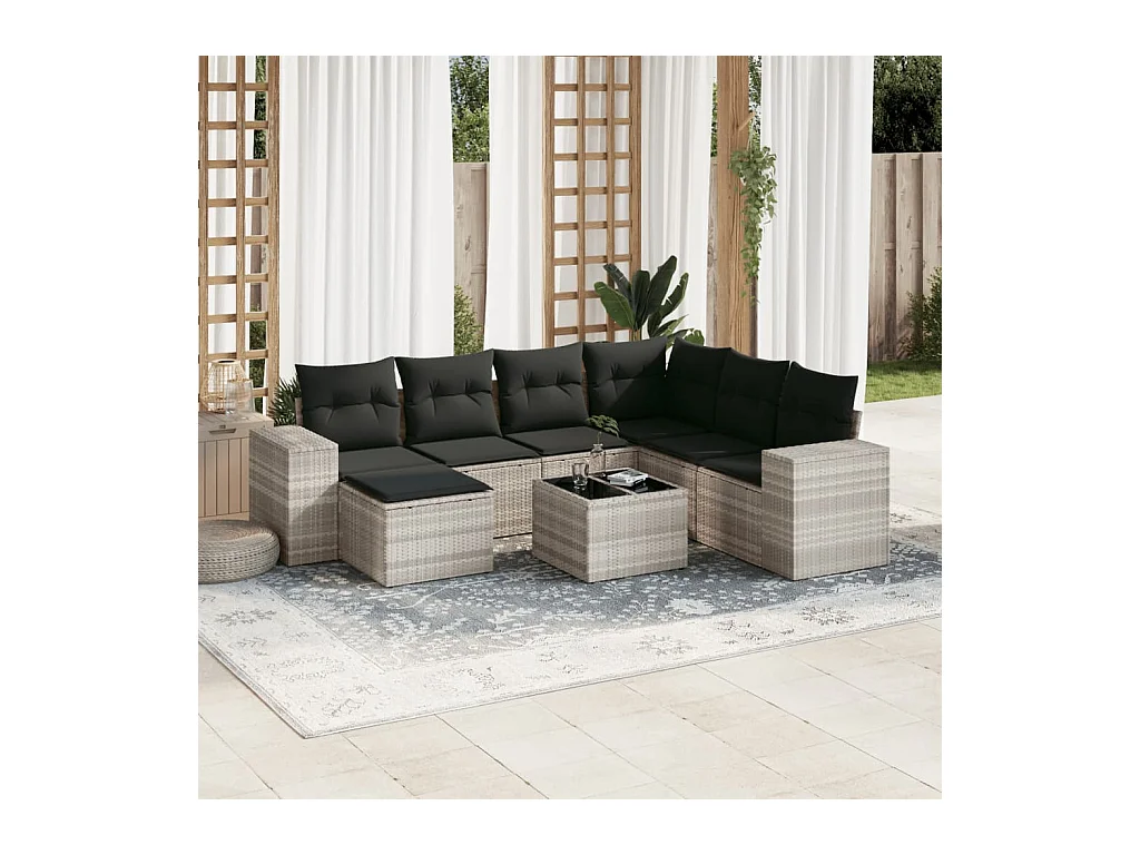 Set de sofás de jardín 8 pzas y cojines ratán sintético gris