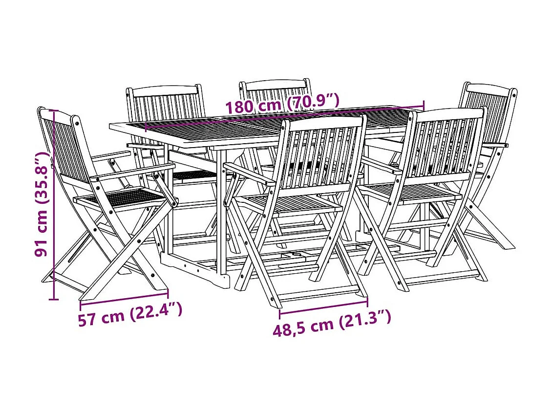 7-tlg. Garten-Essgruppe 180x90x75 cm Massivholz Akazie