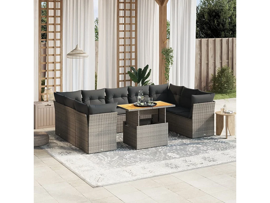 10-delige Loungeset met kussens poly rattan grijs
