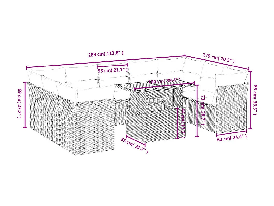 10-delige Loungeset met kussens poly rattan grijs