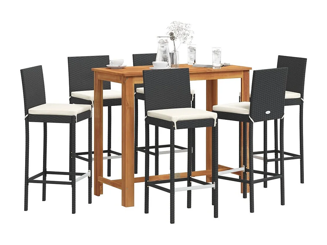 7 pcs conjunto de bar para jardim vime PE/acácia maciça preto