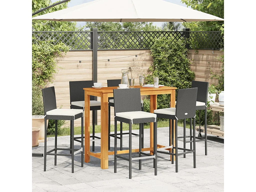 7 pcs conjunto de bar para jardim vime PE/acácia maciça preto