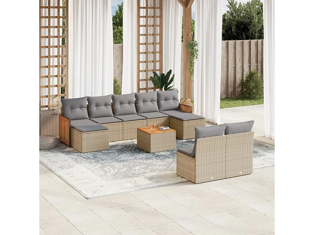 Salon de jardin avec coussins 10 pcs beige résine tressée