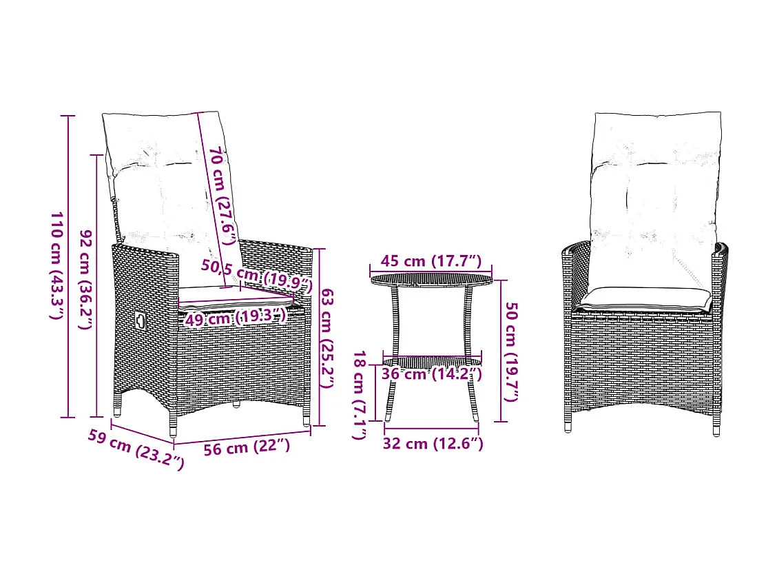 Ensemble de bistro 3 pcs avec coussins noir résine tressée