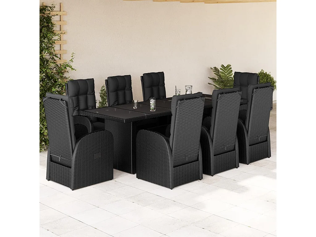 9 pcs conjunto de jantar p/ jardim c/ almofadões vime PE preto