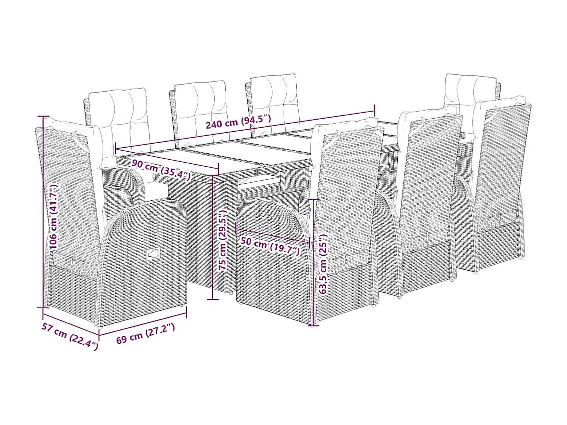 Ensemble à manger de jardin 9pcs coussins noir résine tressée