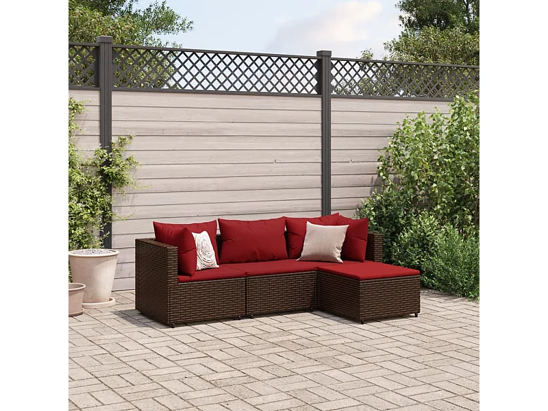Salon de jardin 4 pcs avec coussins Marron Résine tressée
