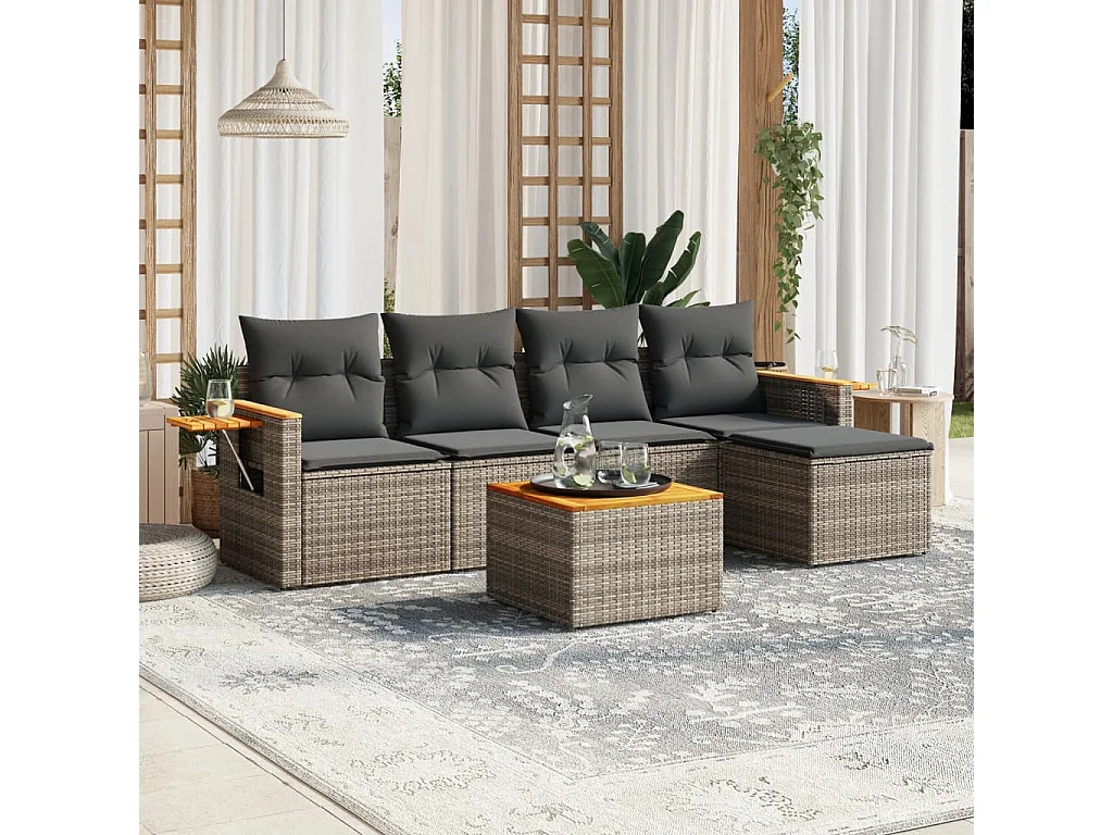 Set Divano da Giardino 6 pz con Cuscini Grigio in Polyrattan