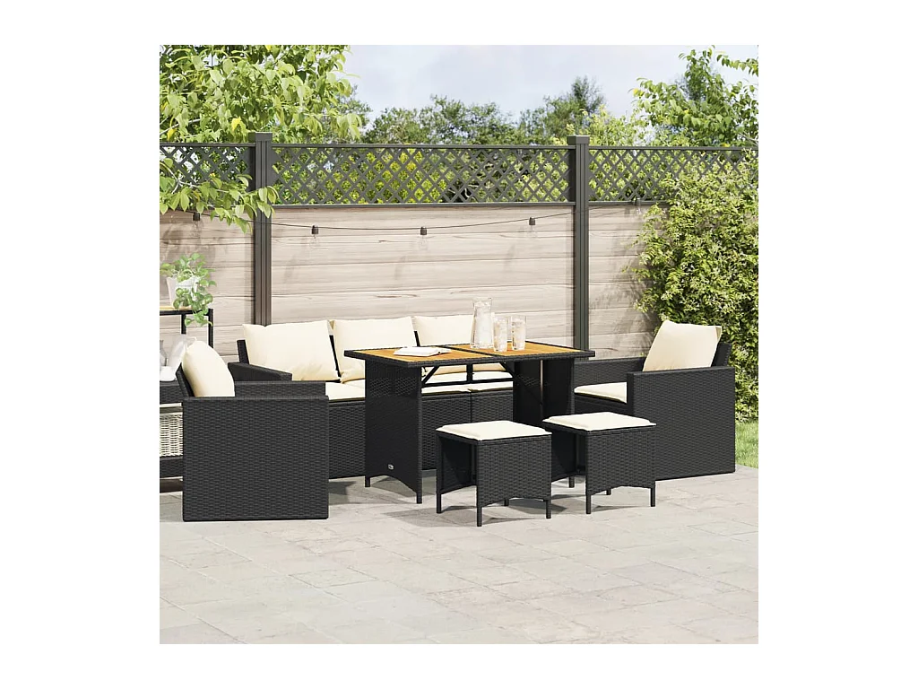 Set de sofás de jardín 6 piezas y cojines ratán sintético negro
