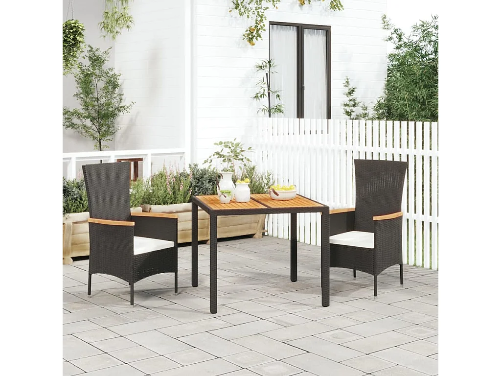 3-tlg. Garten-Essgruppe mit Kissen Schwarz Poly Rattan