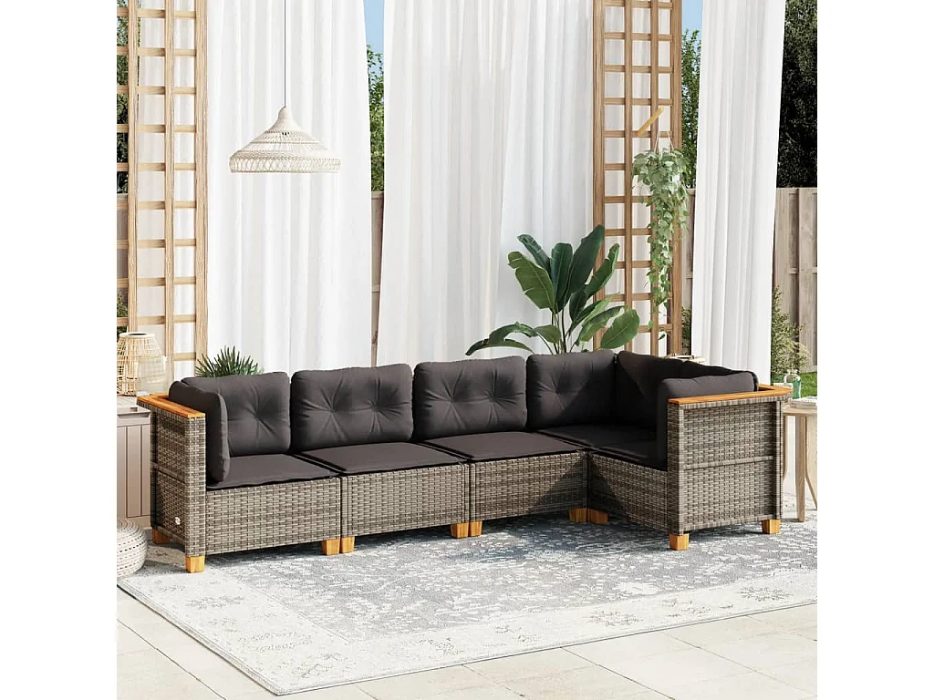 5-tlg. Garten-Sofagarnitur mit Kissen Grau Poly Rattan