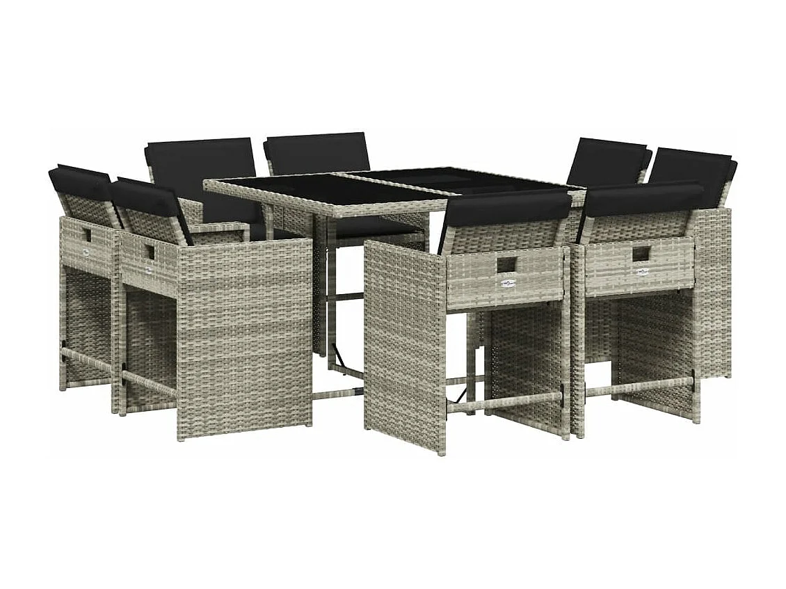 Set Pranzo da Giardino 9pz con Cuscini Grigio Chiaro Polyrattan