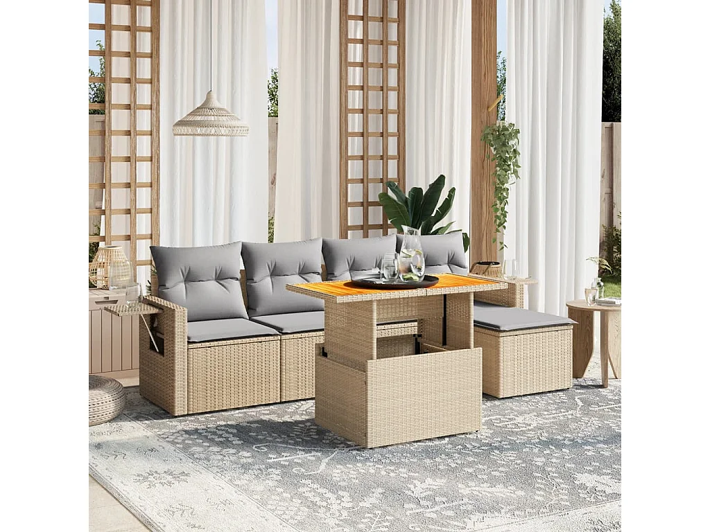 6 pcs conjunto de sofás p/ jardim com almofadões vime PE bege