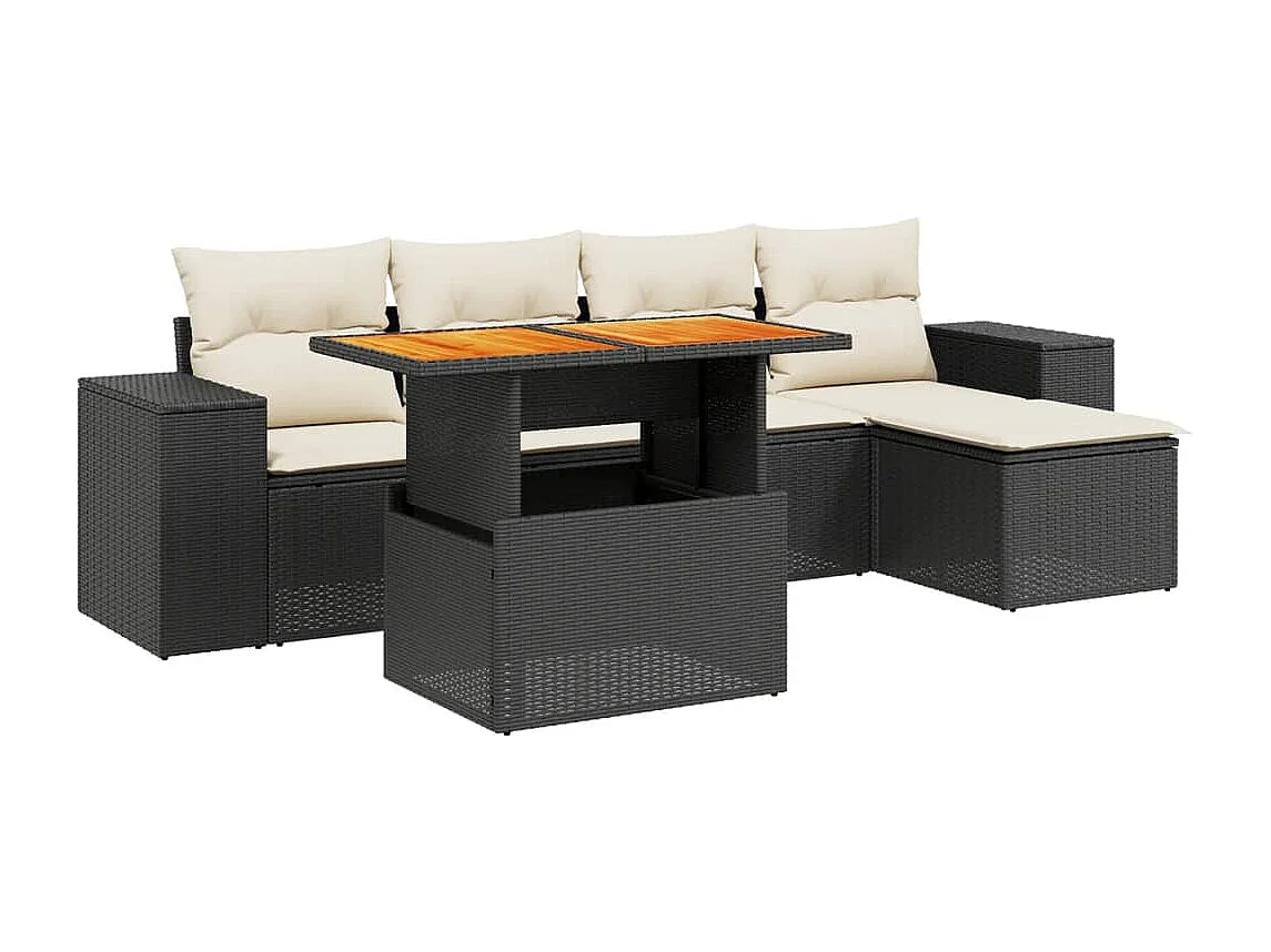 Salon de jardin 6 pcs avec coussins noir résine tressée