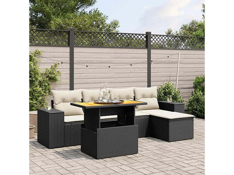 6-tlg. Garten-Sofagarnitur mit Kissen Schwarz Poly Rattan