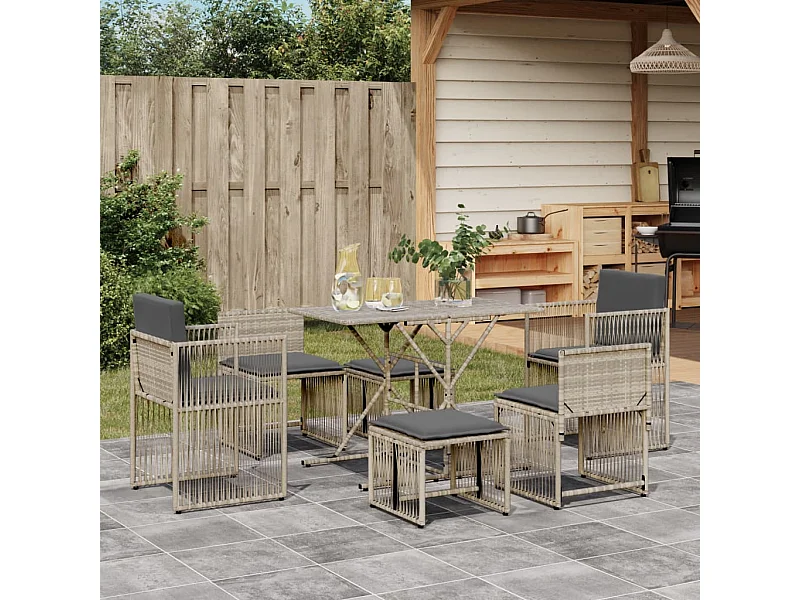 Ensemble à manger de jardin et coussins 7 pcs gris clair rotin
