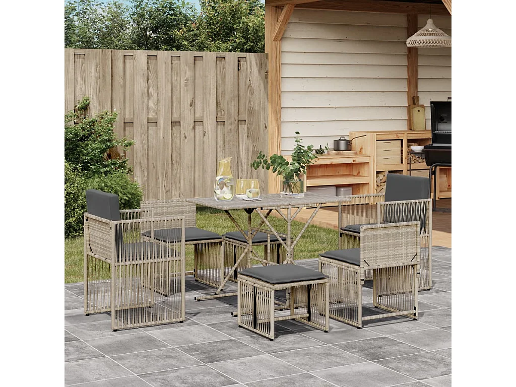 Ensemble à manger de jardin et coussins 7 pcs gris clair rotin