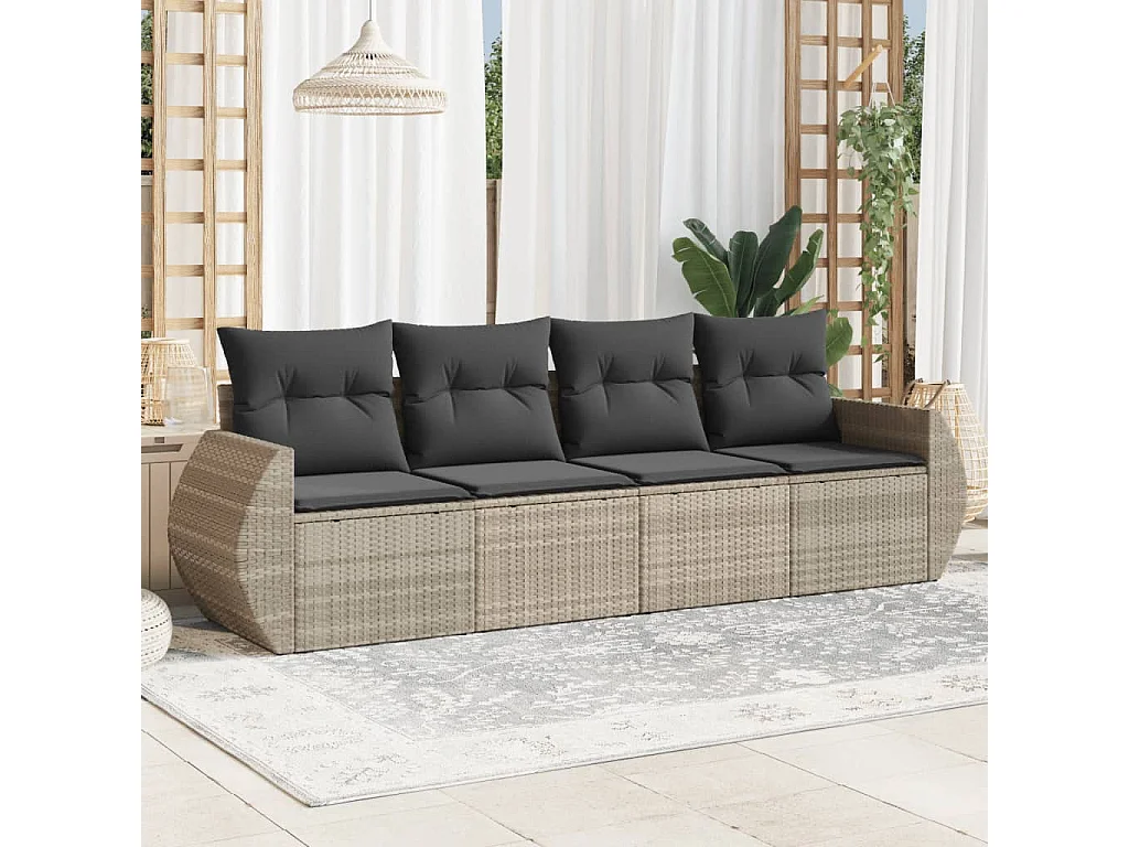 Salon de jardin 4 pcs avec coussins gris clair résine tressée