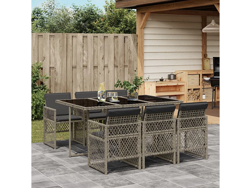 Ensemble à manger de jardin et coussins 7 pcs gris rotin