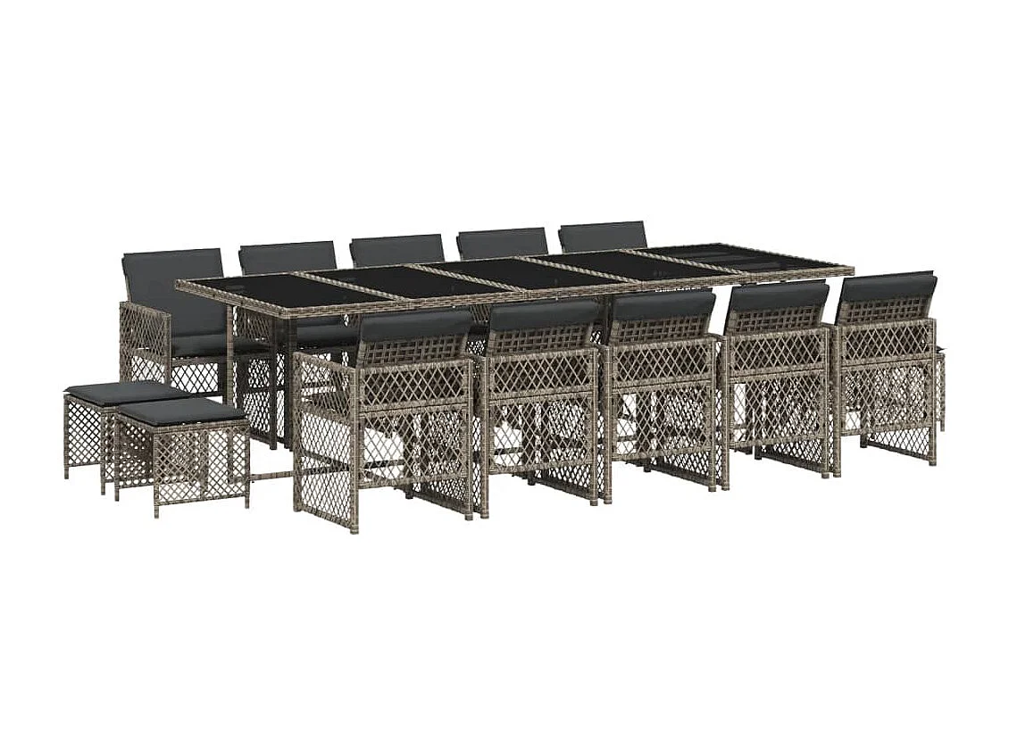 Set da Pranzo da Giardino 15 pz con Cuscini Grigio Polyrattan