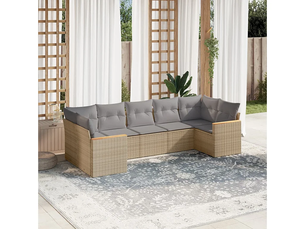 7 pcs conjunto de sofás p/ jardim com almofadões vime PE bege