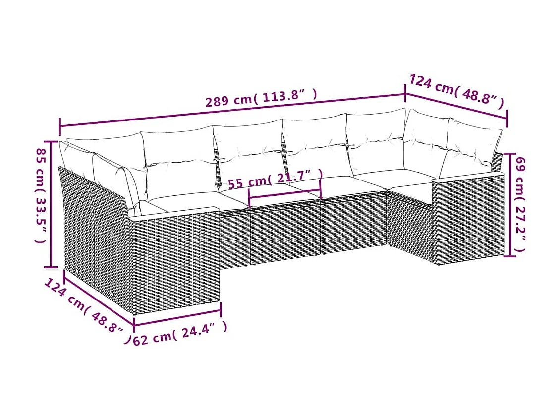 7 pcs conjunto de sofás p/ jardim com almofadões vime PE bege