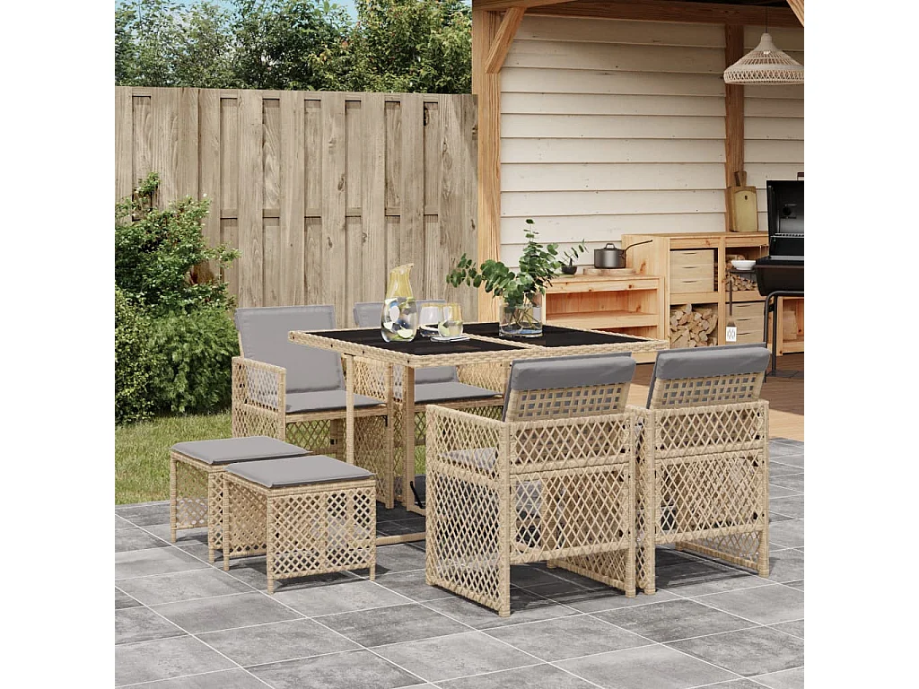 Set comedor de jardín 9 pzas con cojines ratán sintético beige