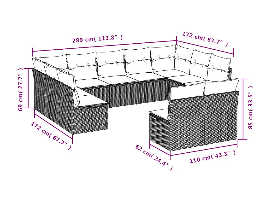 Set Divani da Giardino 11 pz con Cuscini Polyrattan Marrone